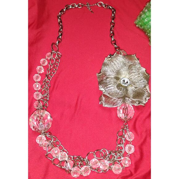 Vintage Silver-Tone Statement Necklace with Flower & Faceted Crystal Beads - Picture 1 of 1